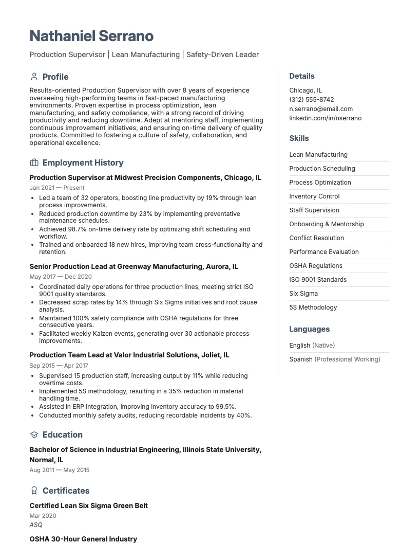 Production Supervisor Resume Example