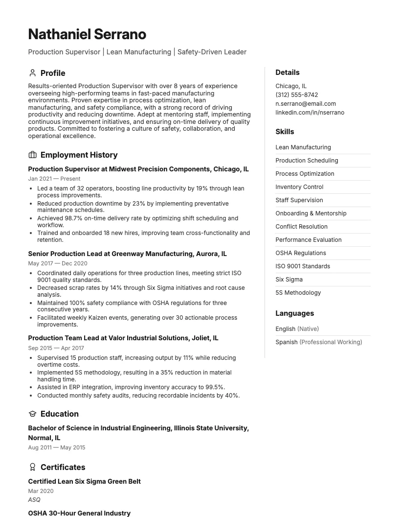 Production Supervisor Resume Example