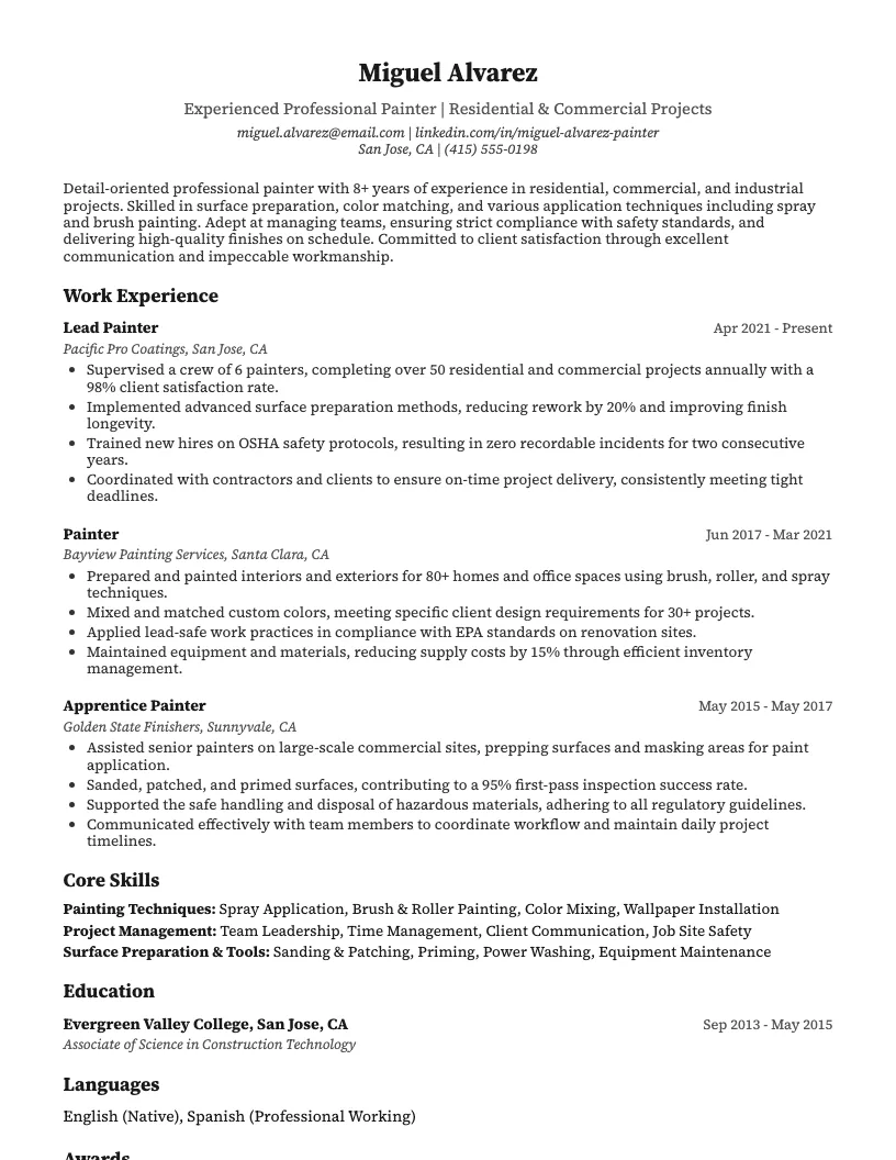 Professional Painter Resume Example