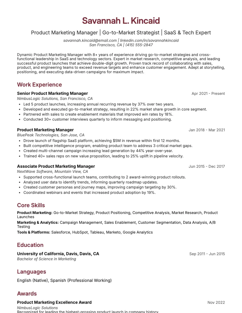 Professional Product Marketing Manager Resume Example