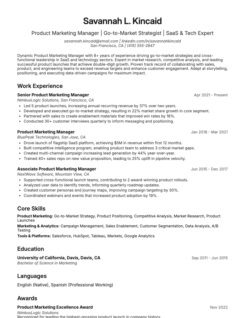 Professional Product Marketing Manager Resume Example