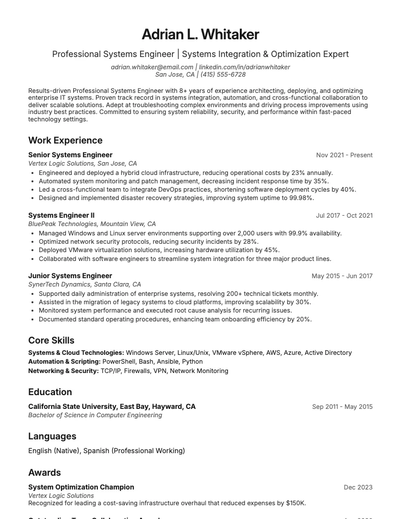 Professional Systems Engineer Resume Example