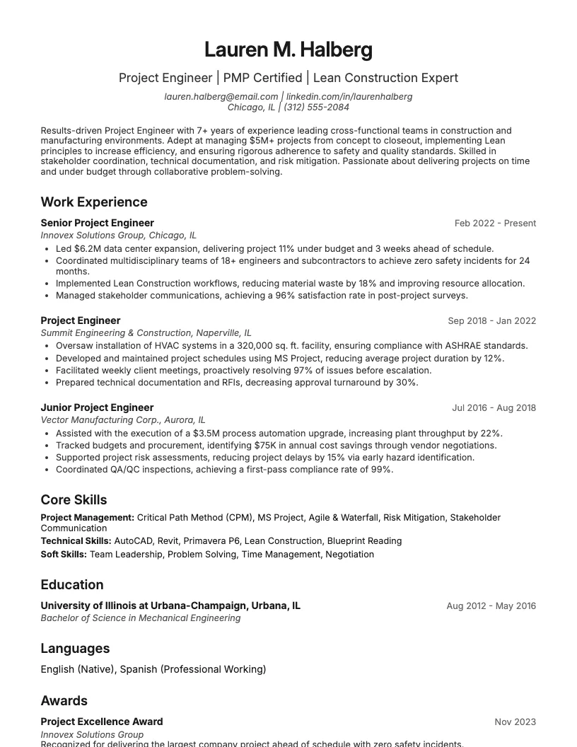 Project Engineer Resume Example