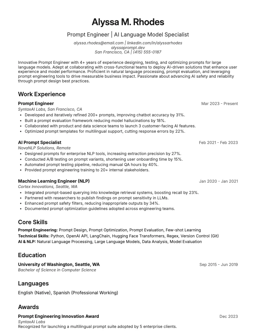 Prompt Engineer Resume Example