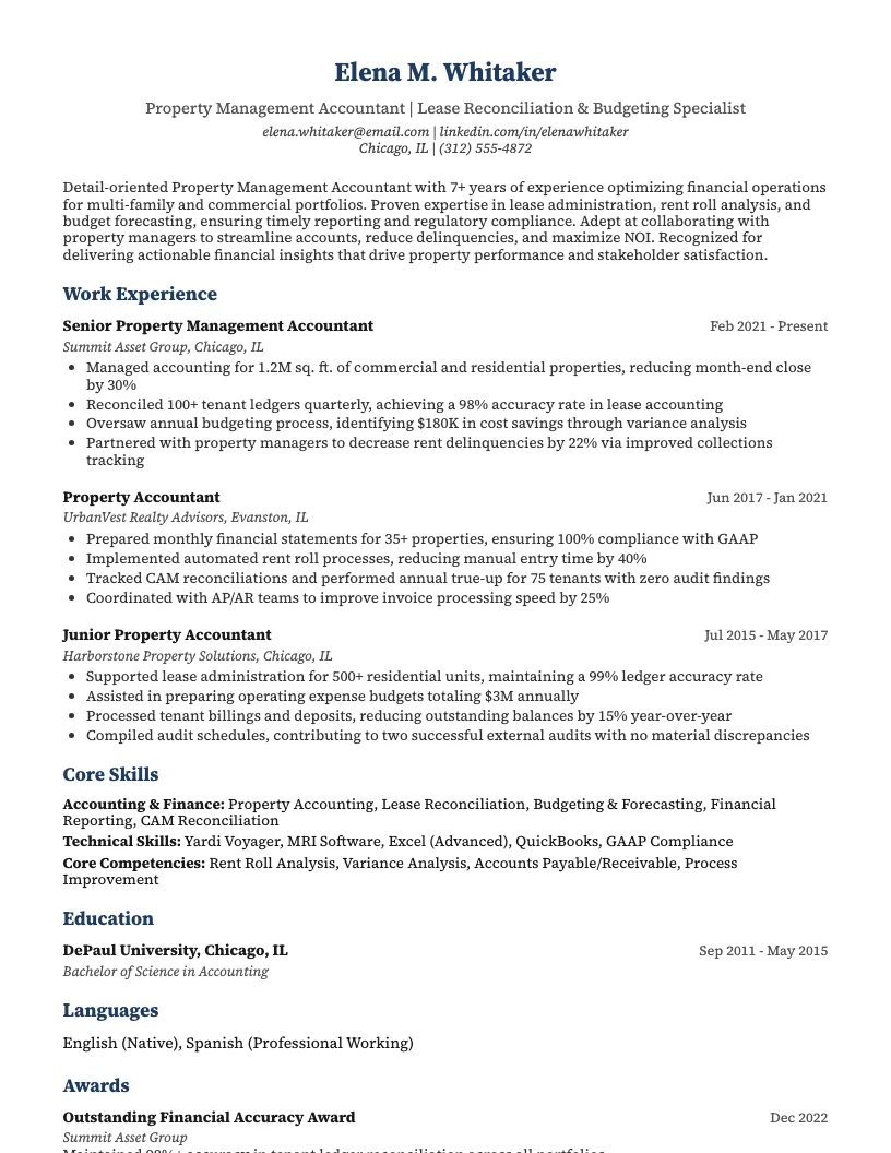 Property Management Accountant Resume Example