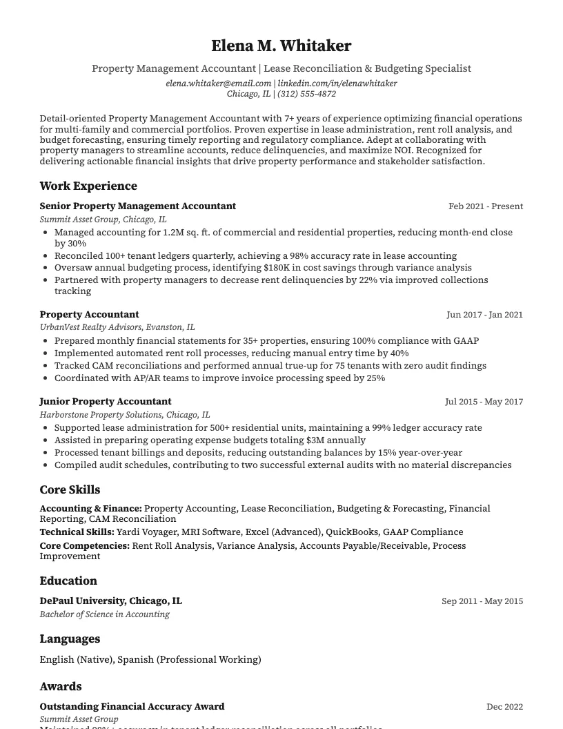 Property Management Accountant Resume Example