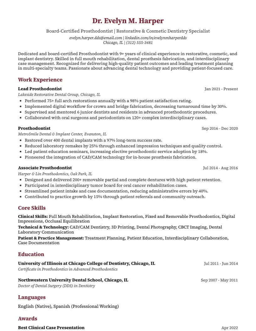 Prosthodontist Resume Example