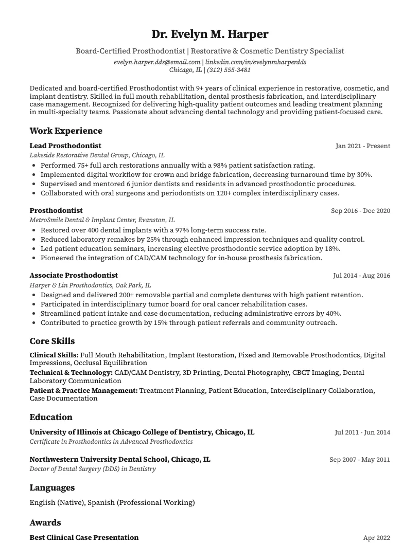 Prosthodontist Resume Example