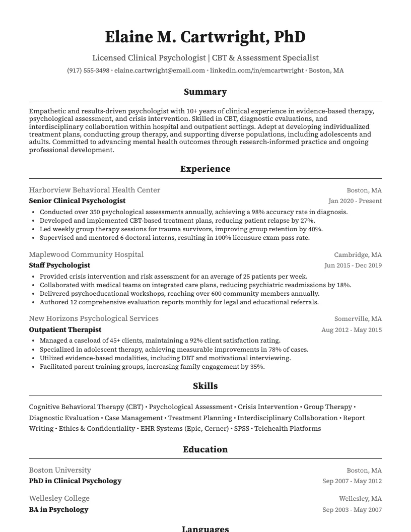 Psychologist resume example