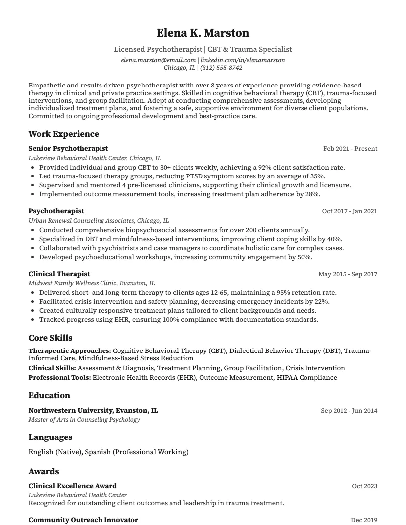 Psychotherapist Resume Example
