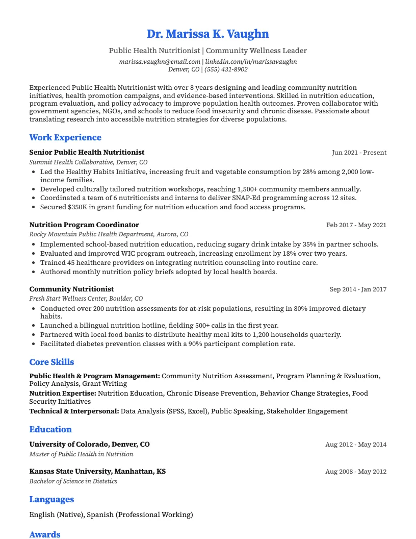 Public Health Nutritionist Resume Example