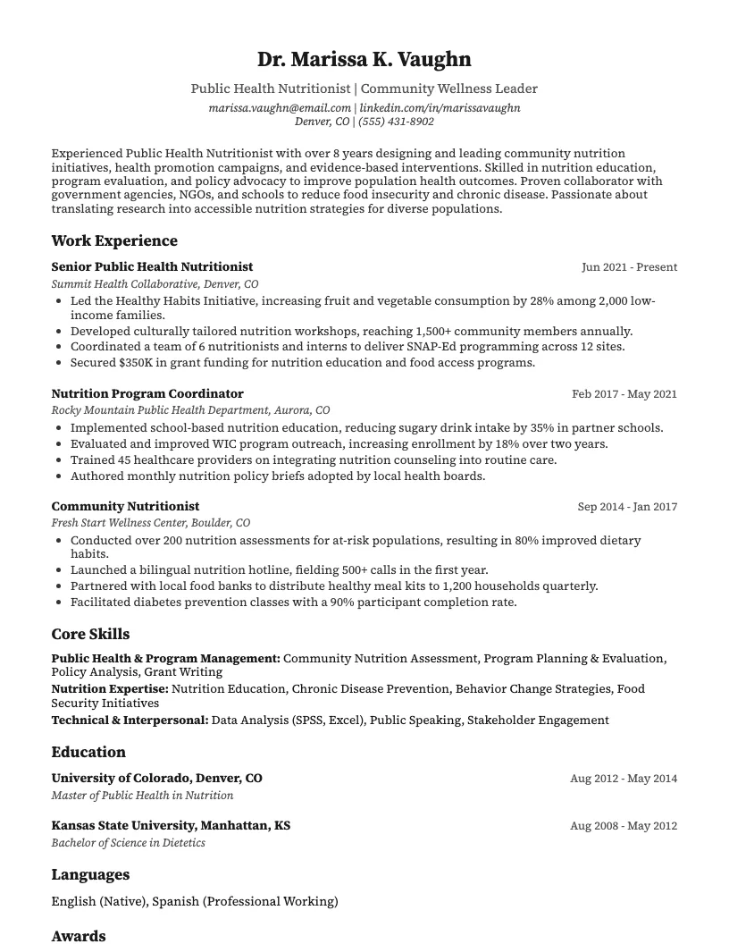 Public Health Nutritionist Resume Example