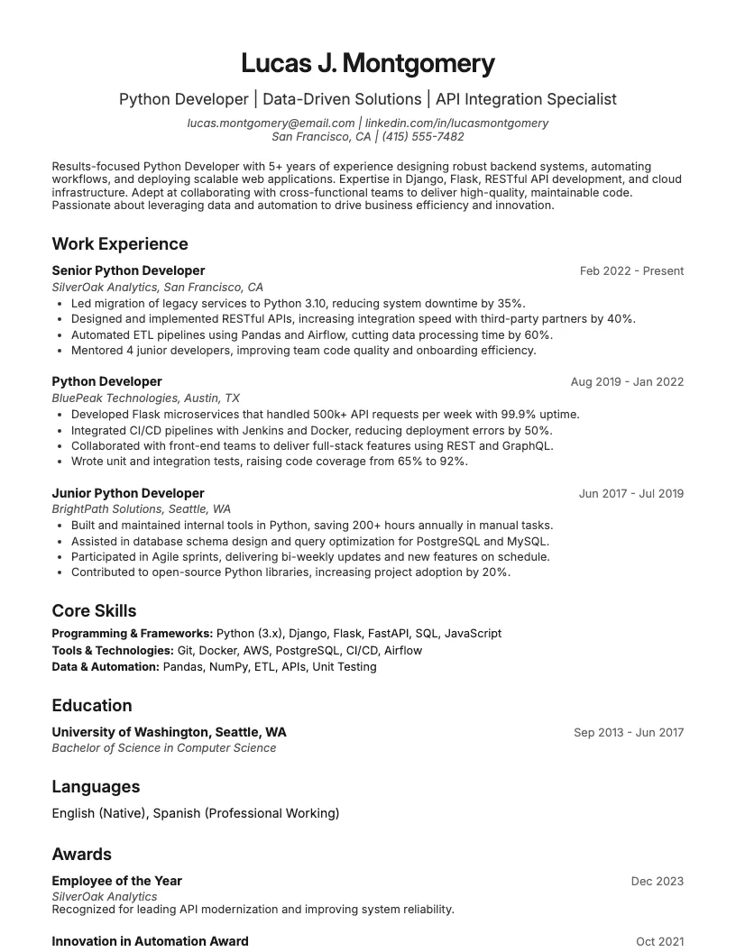 Python Developer Resume Example