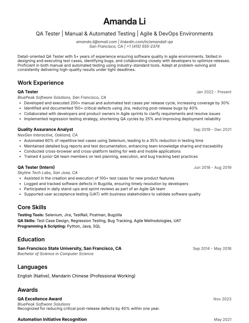 QA Engineer resume example