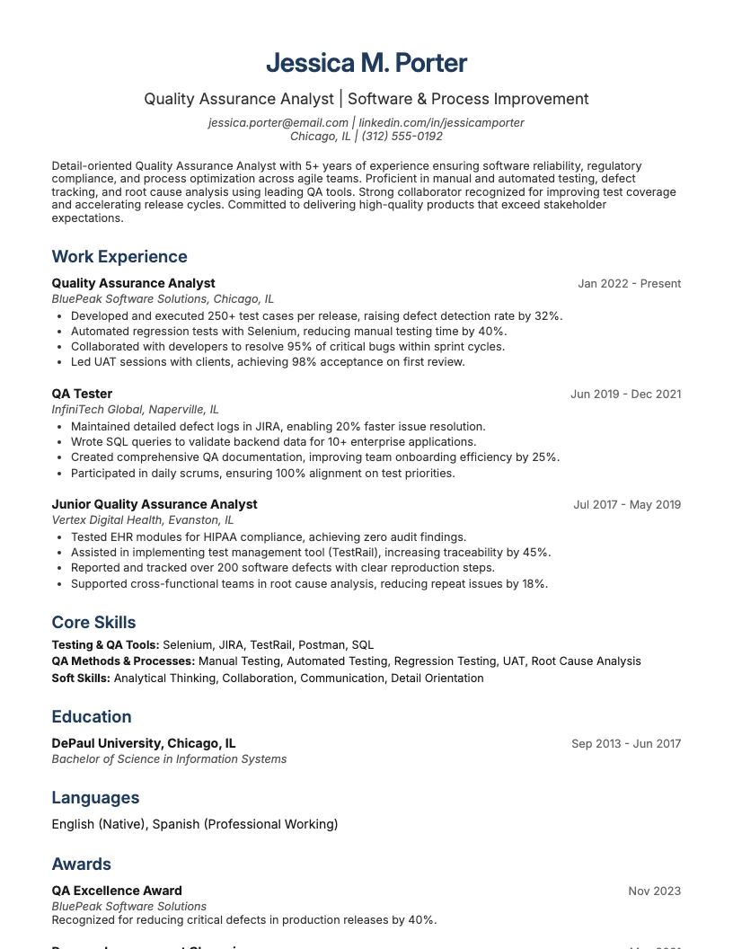 Quality Assurance Analyst Resume Example