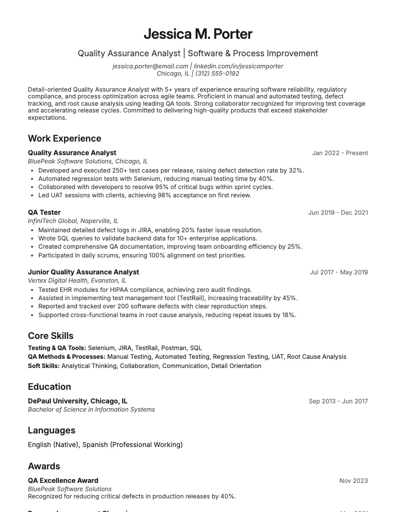 Quality Assurance Analyst resume example