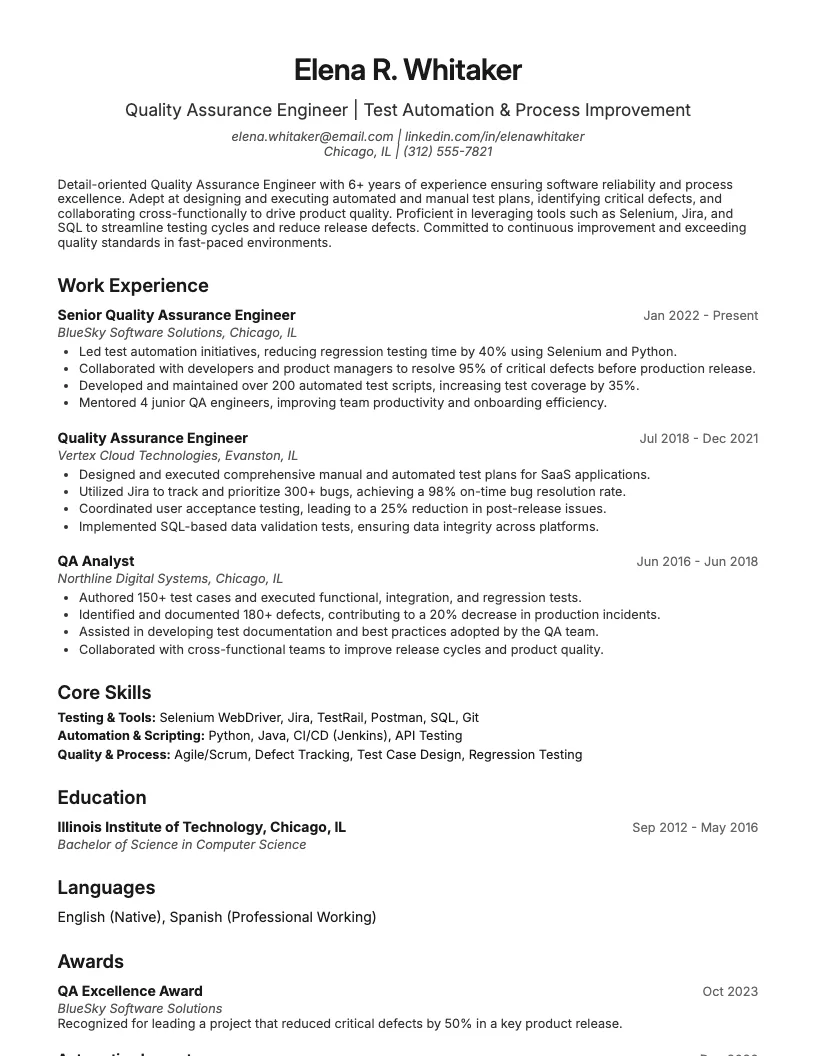 Quality Assurance Engineer Resume Example