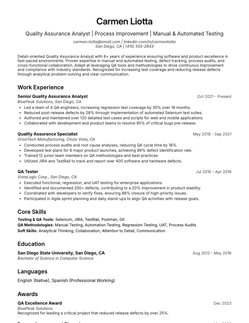 Quality Assurance Qa Resume Example
