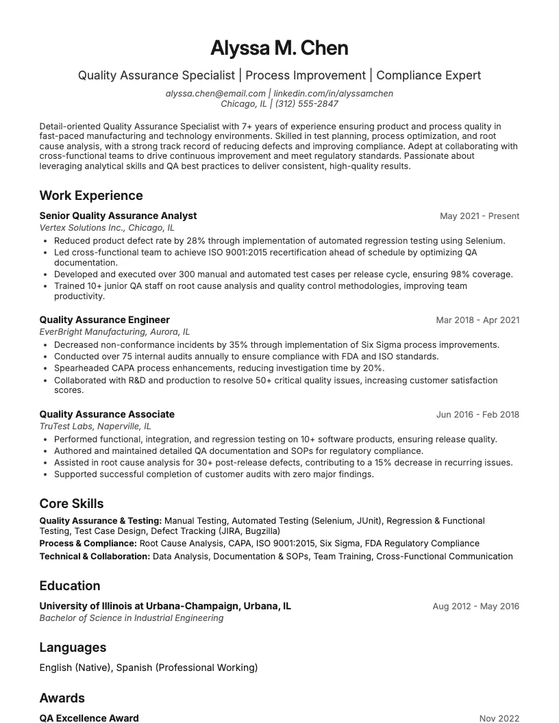 Quality Control resume example