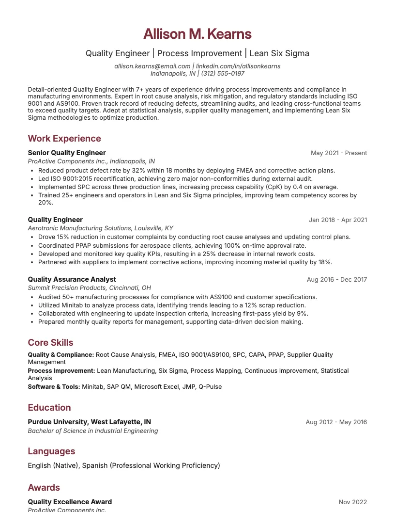 Quality Engineer Resume Example