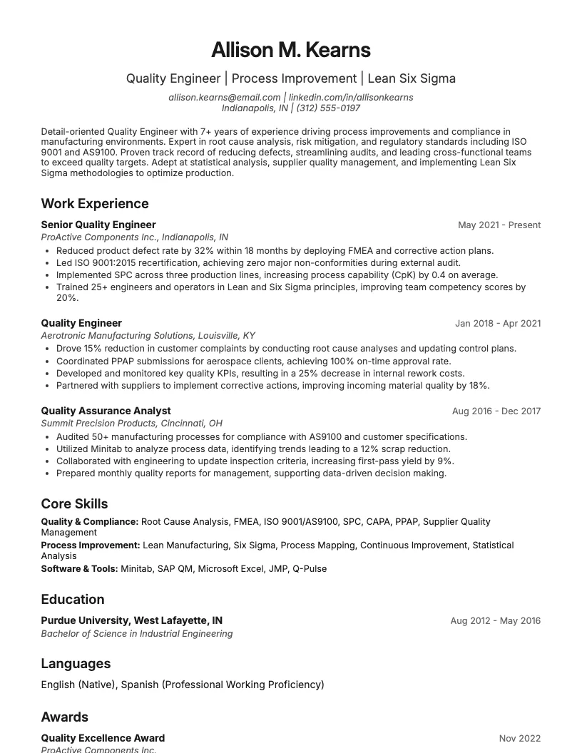 Quality Engineer Resume Example