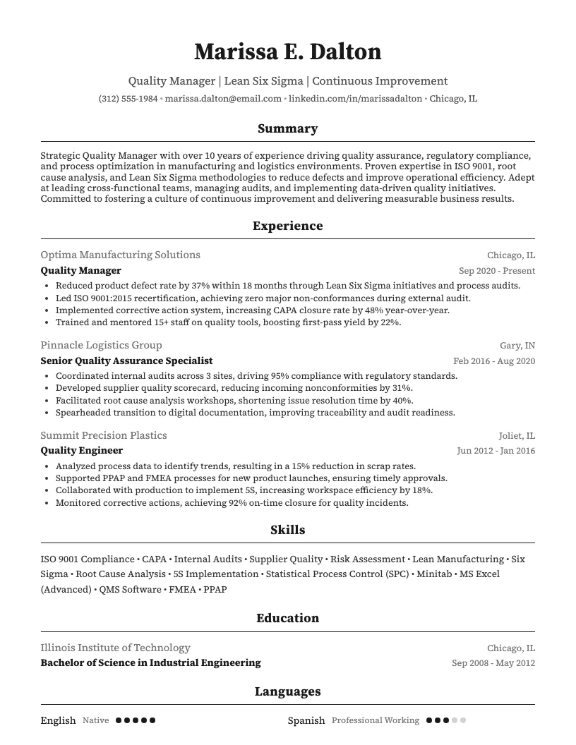 Quality Manager resume example