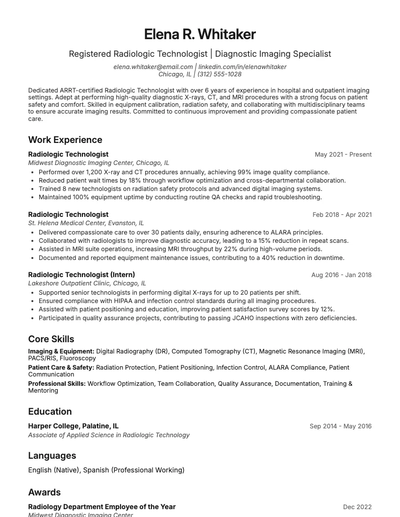 Radiation Technologist resume example