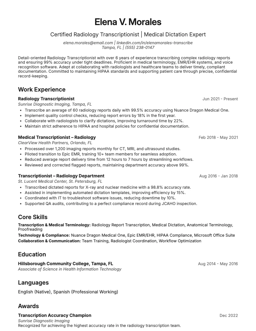 Radiology Transcriptionist Resume Example