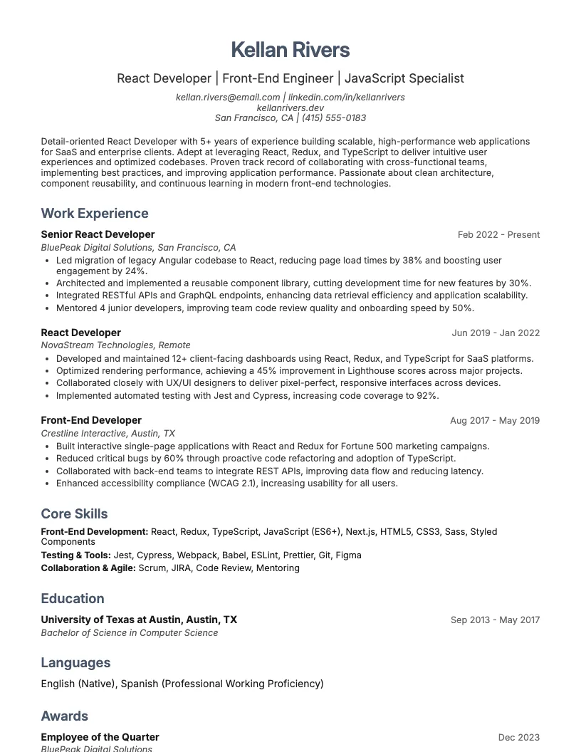 React Developer Resume Example