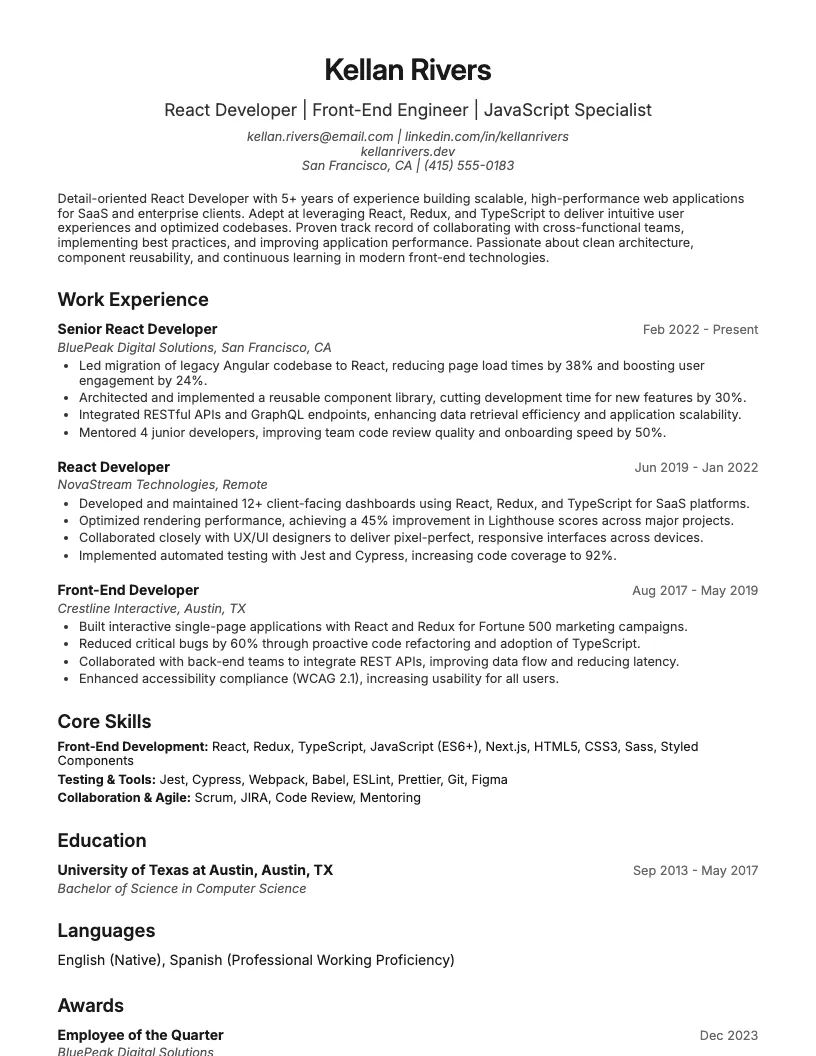 React Developer Resume Example