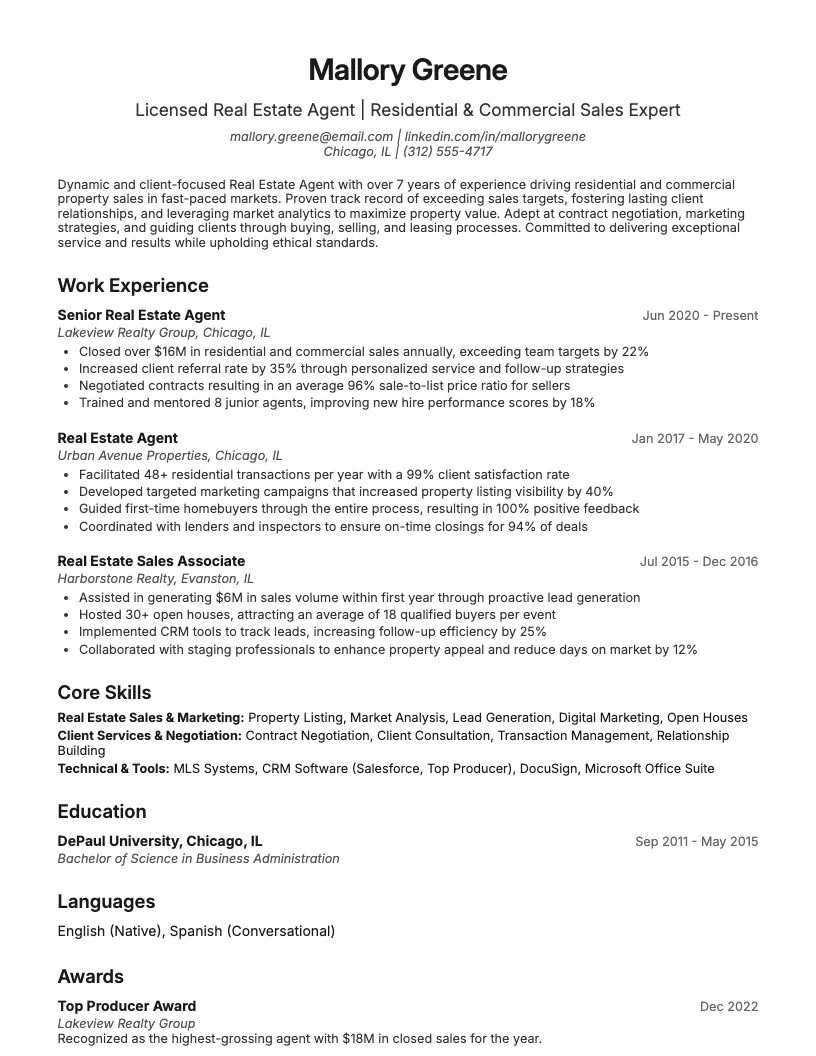 Real Estate Agent resume example