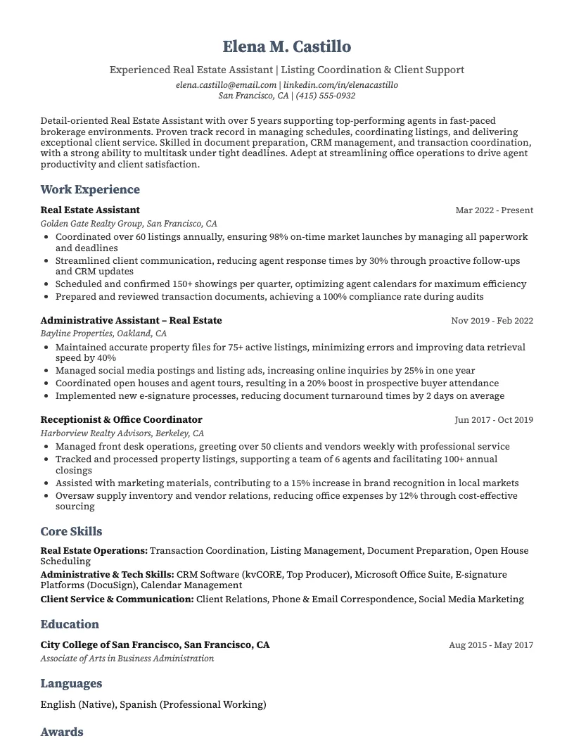 Real Estate Assistant Resume Example