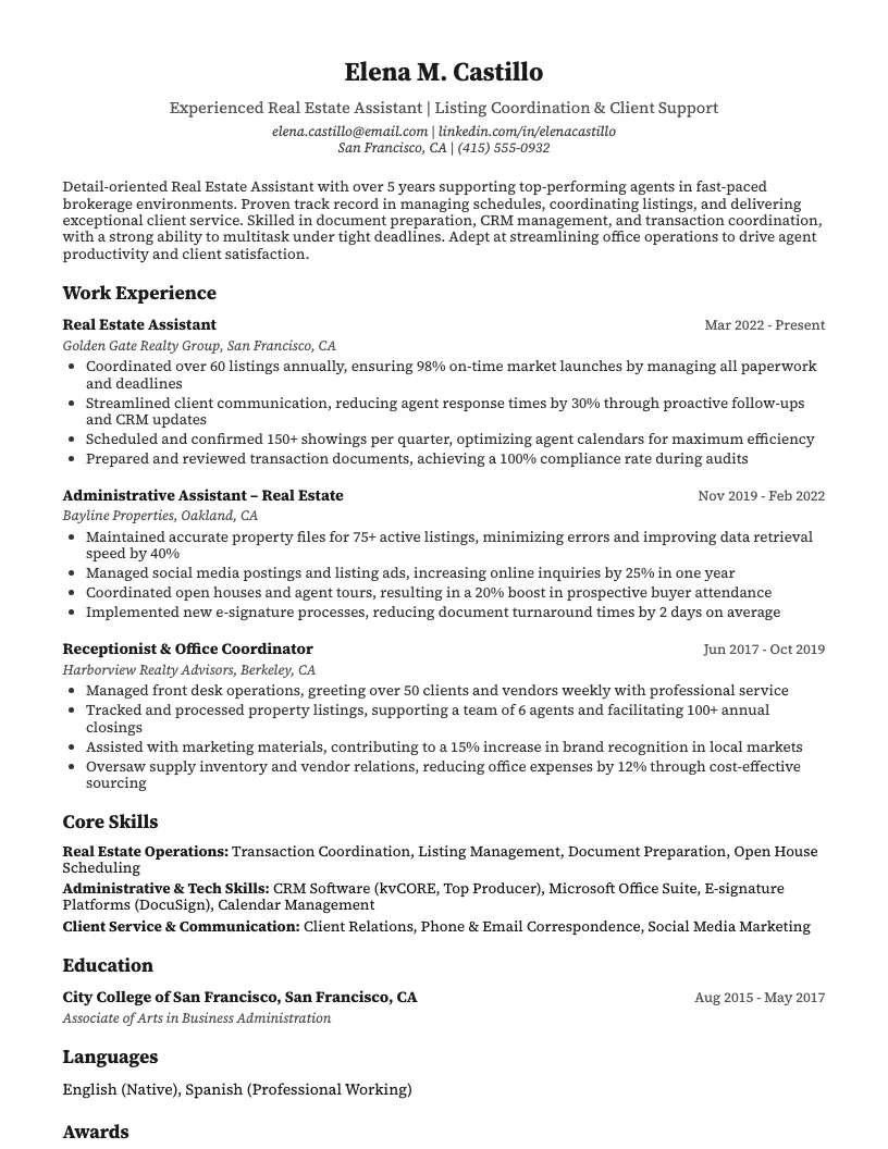 Real Estate Assistant Resume Example