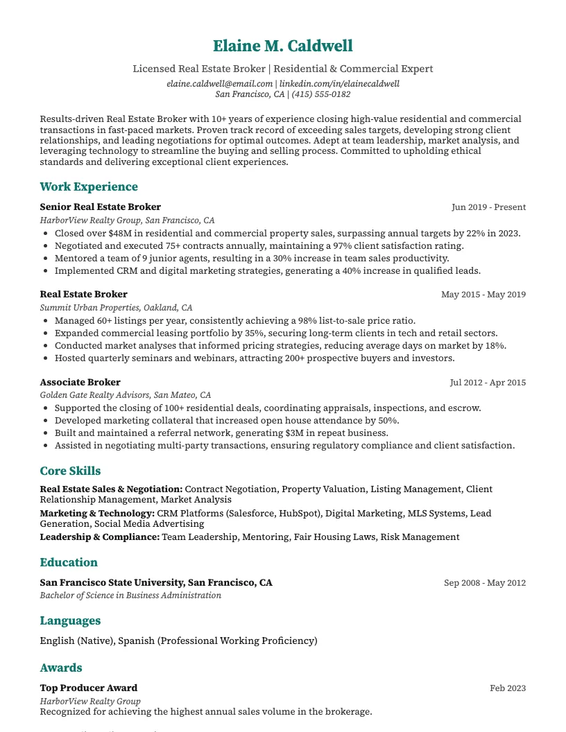 Real Estate Broker Resume Example