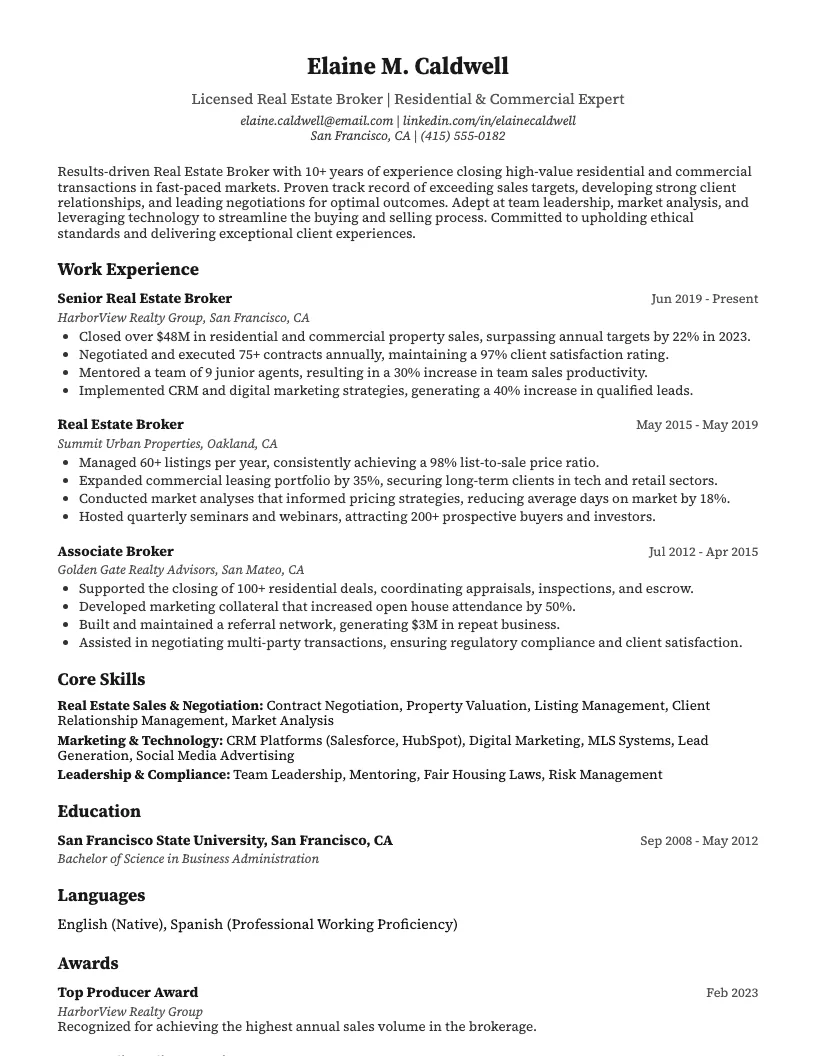 Real Estate Broker Resume Example
