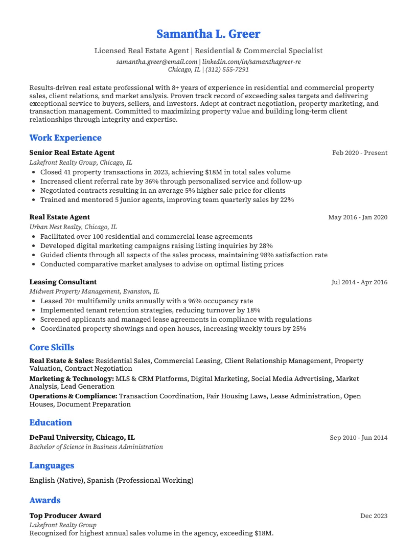 Real Estate Resume Example