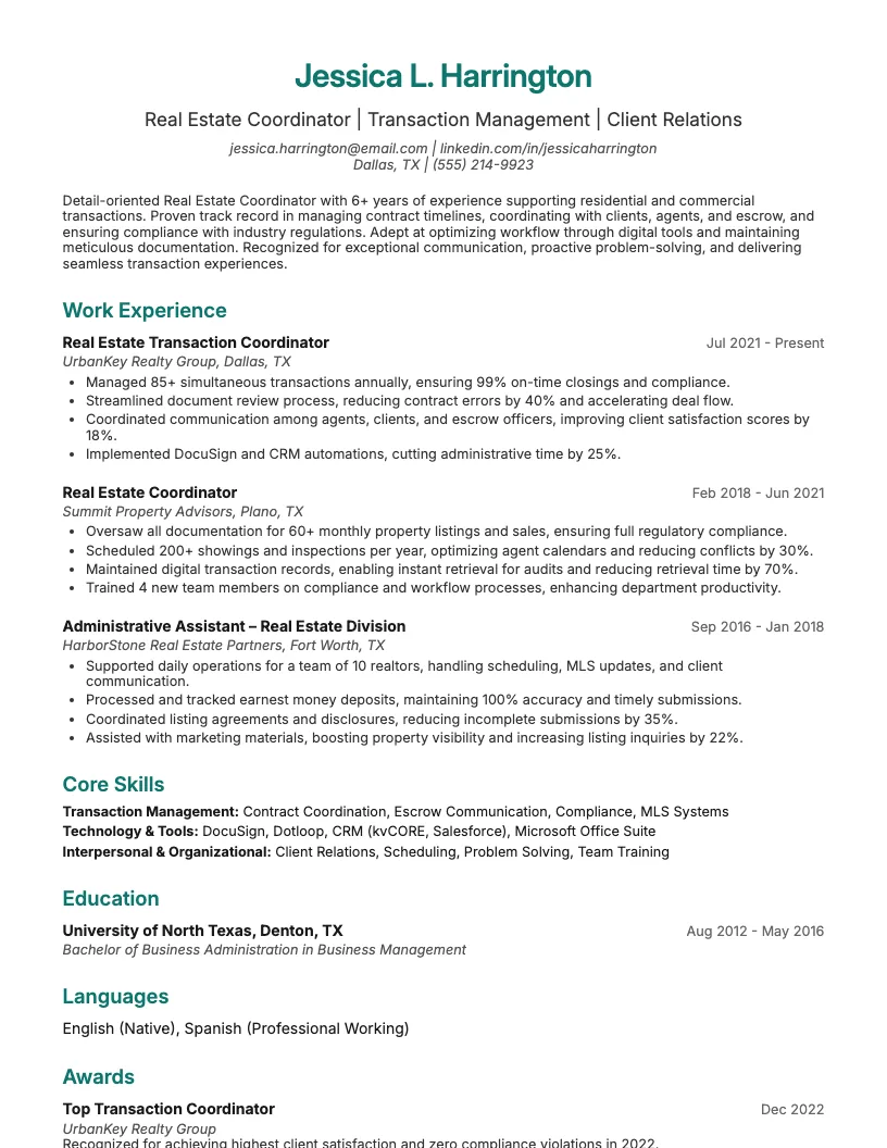 Real Estate Coordinator Resume Example