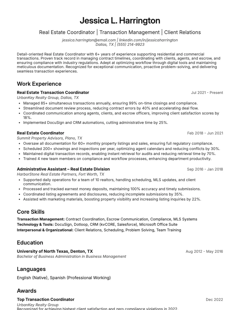 Real Estate Coordinator Resume Example