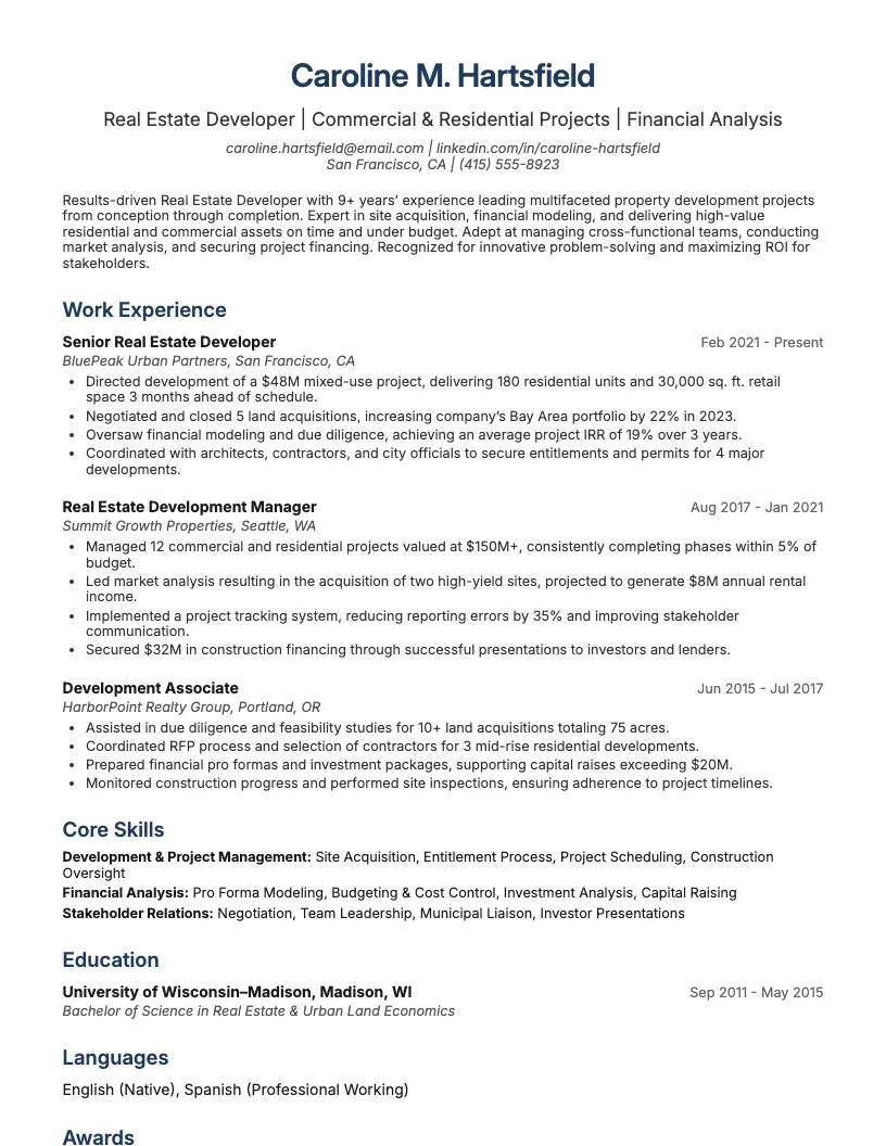 Real Estate Developer Resume Example