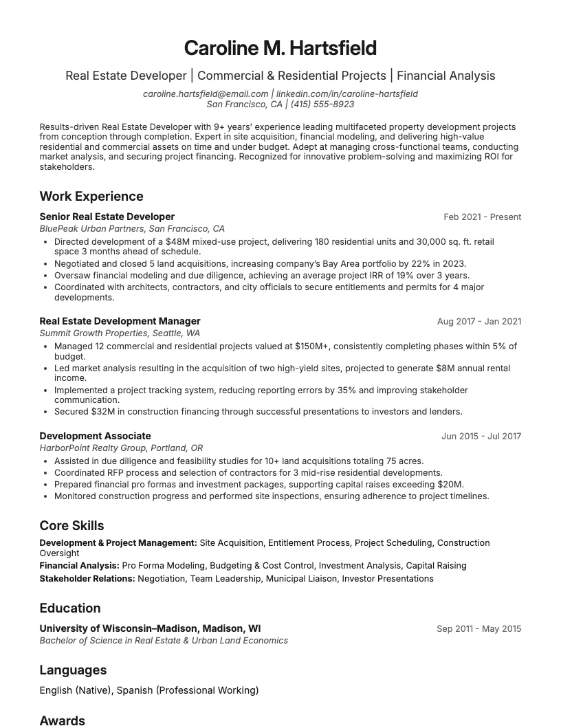 Real Estate Developer resume example
