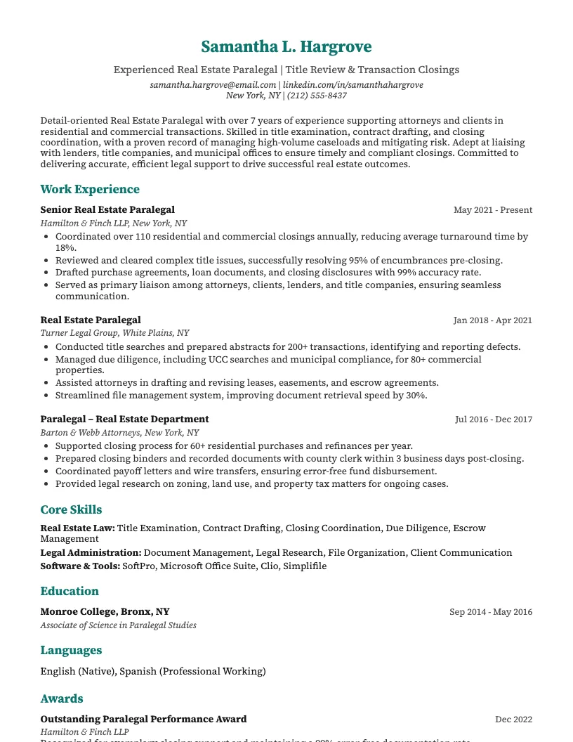 Real Estate Paralegal Resume Example