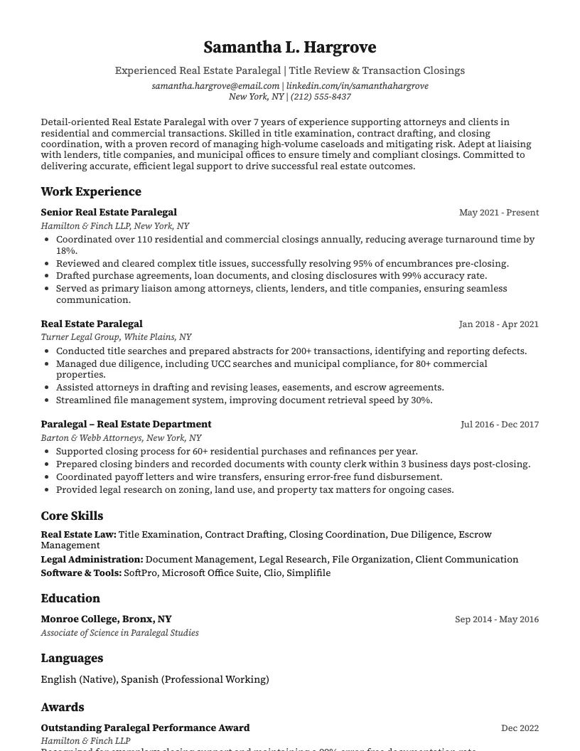 Real Estate Paralegal Resume Example