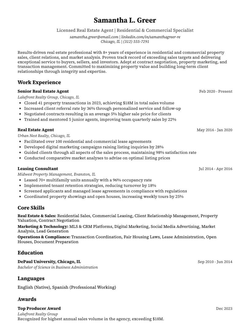 Real Estate Resume Example