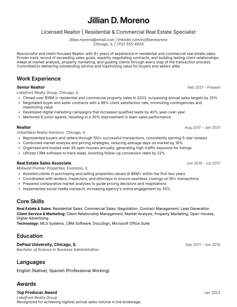 Realtor Resume Example