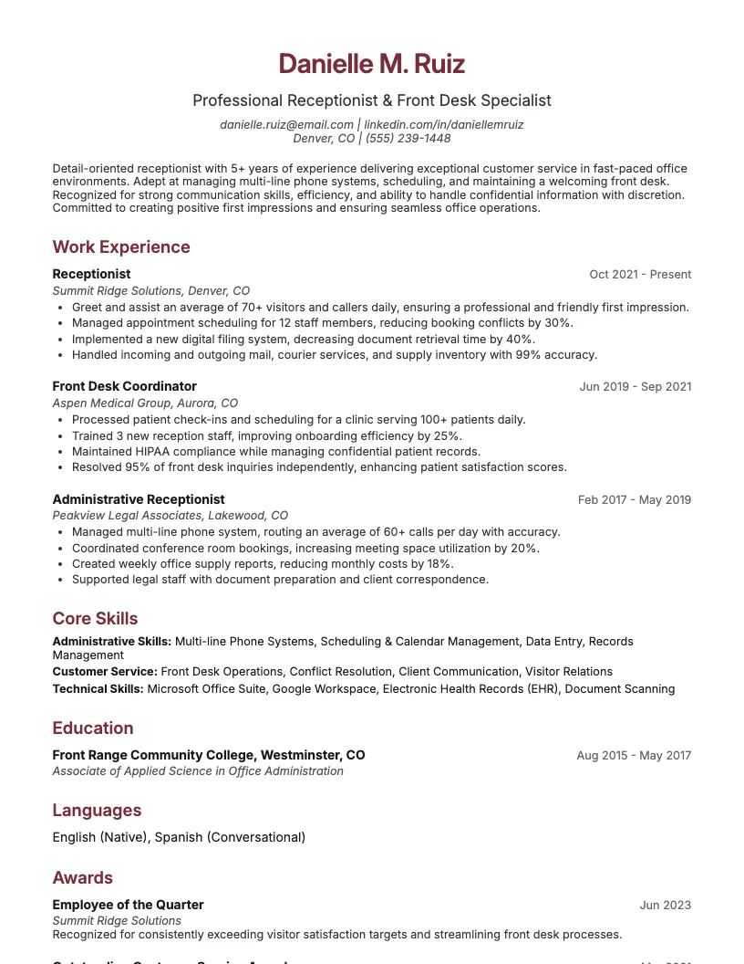 Front Desk Administrative Assistant Resume Example