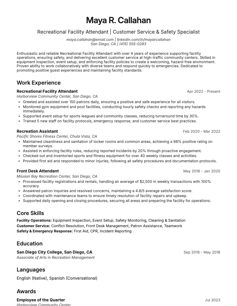 Recreational Facility Attendant Resume Example