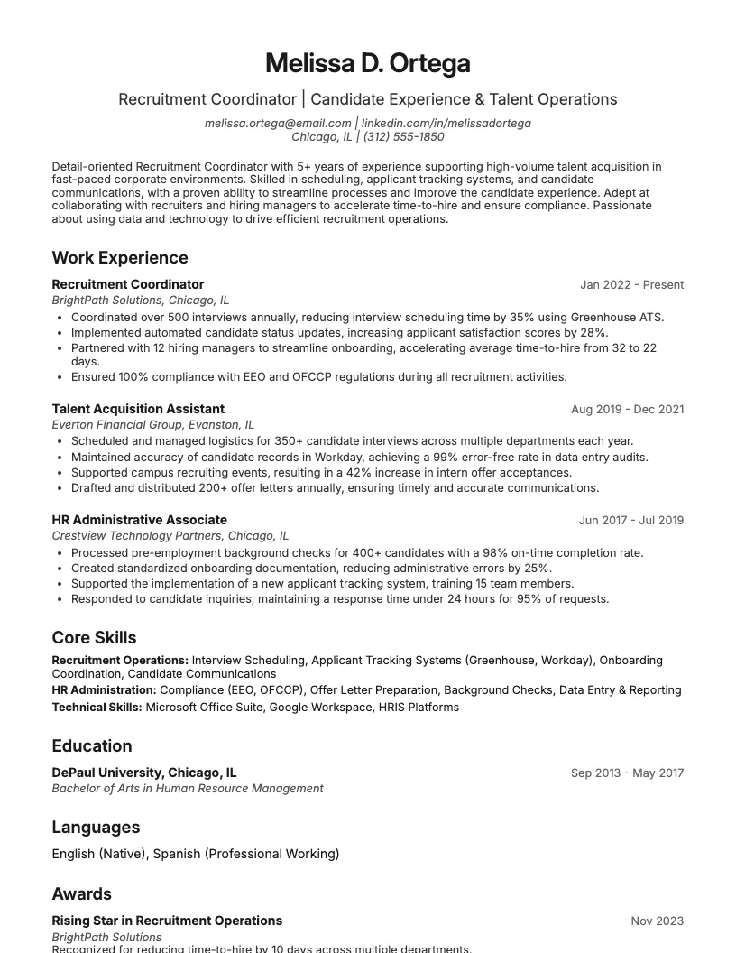 Recruitment Coordinator Resume Example