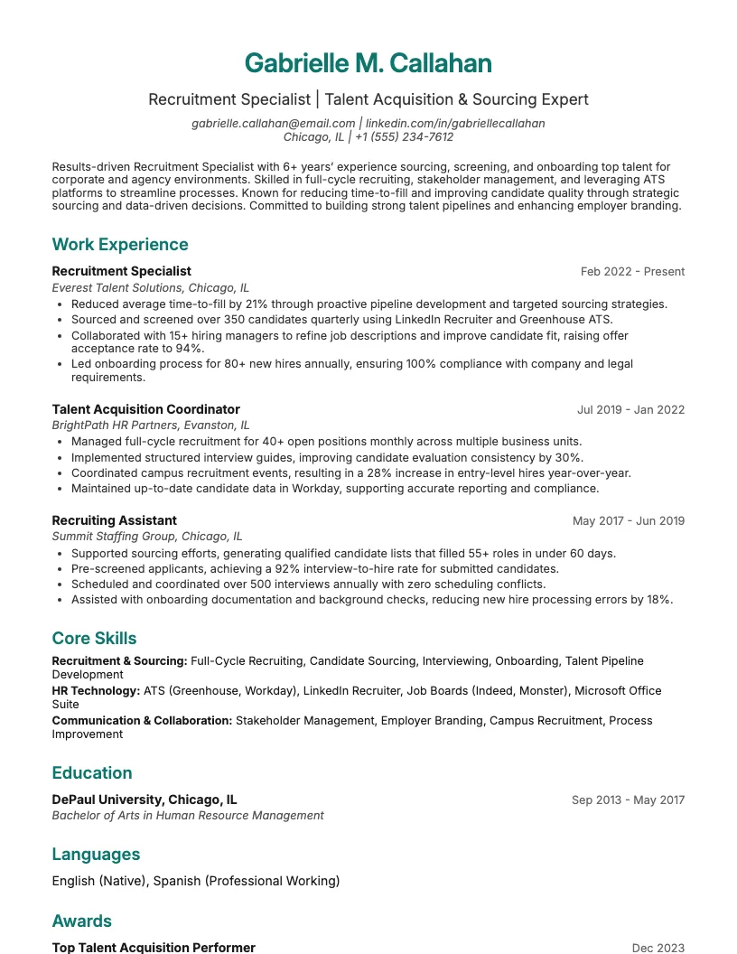 Recruitment Specialist Resume Example