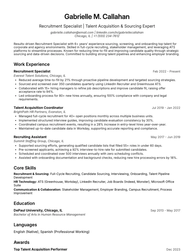 Recruitment Specialist Resume Example