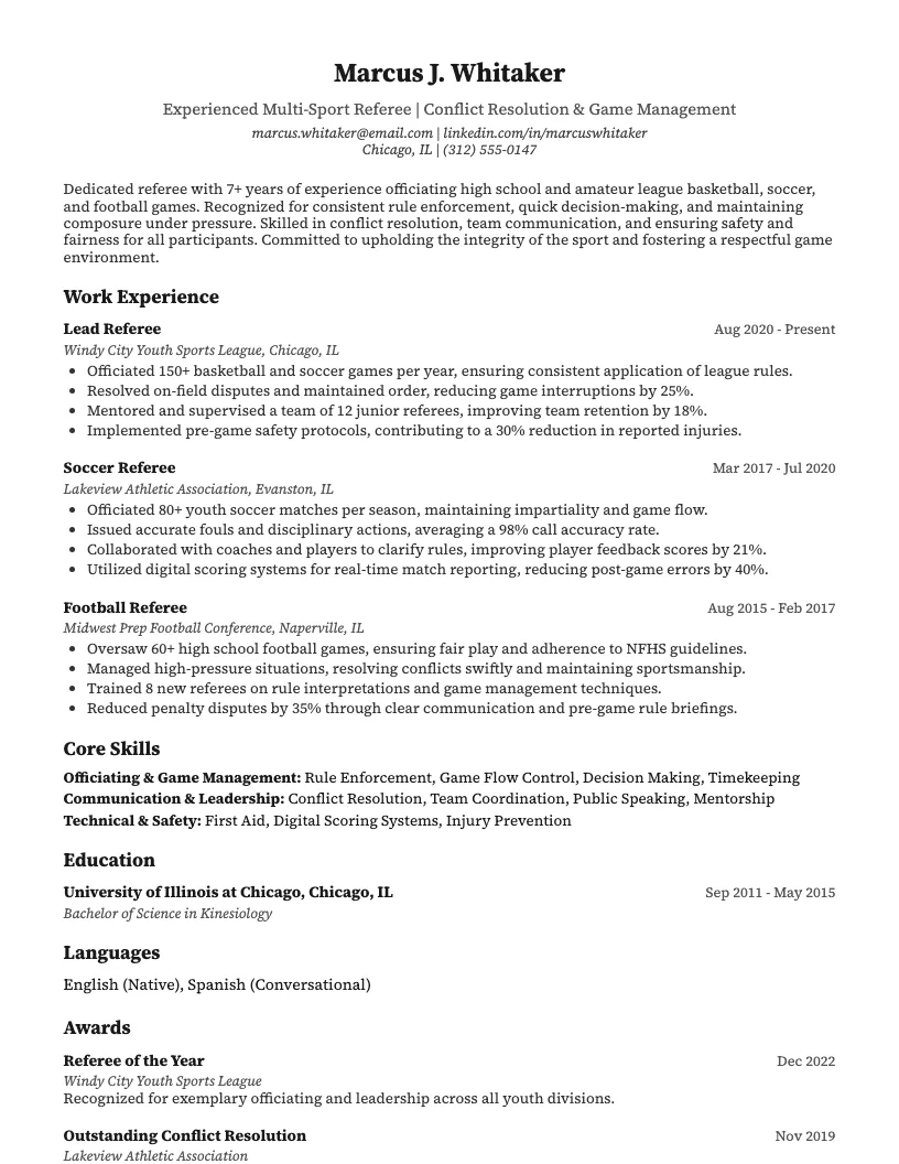 Referee Resume Example